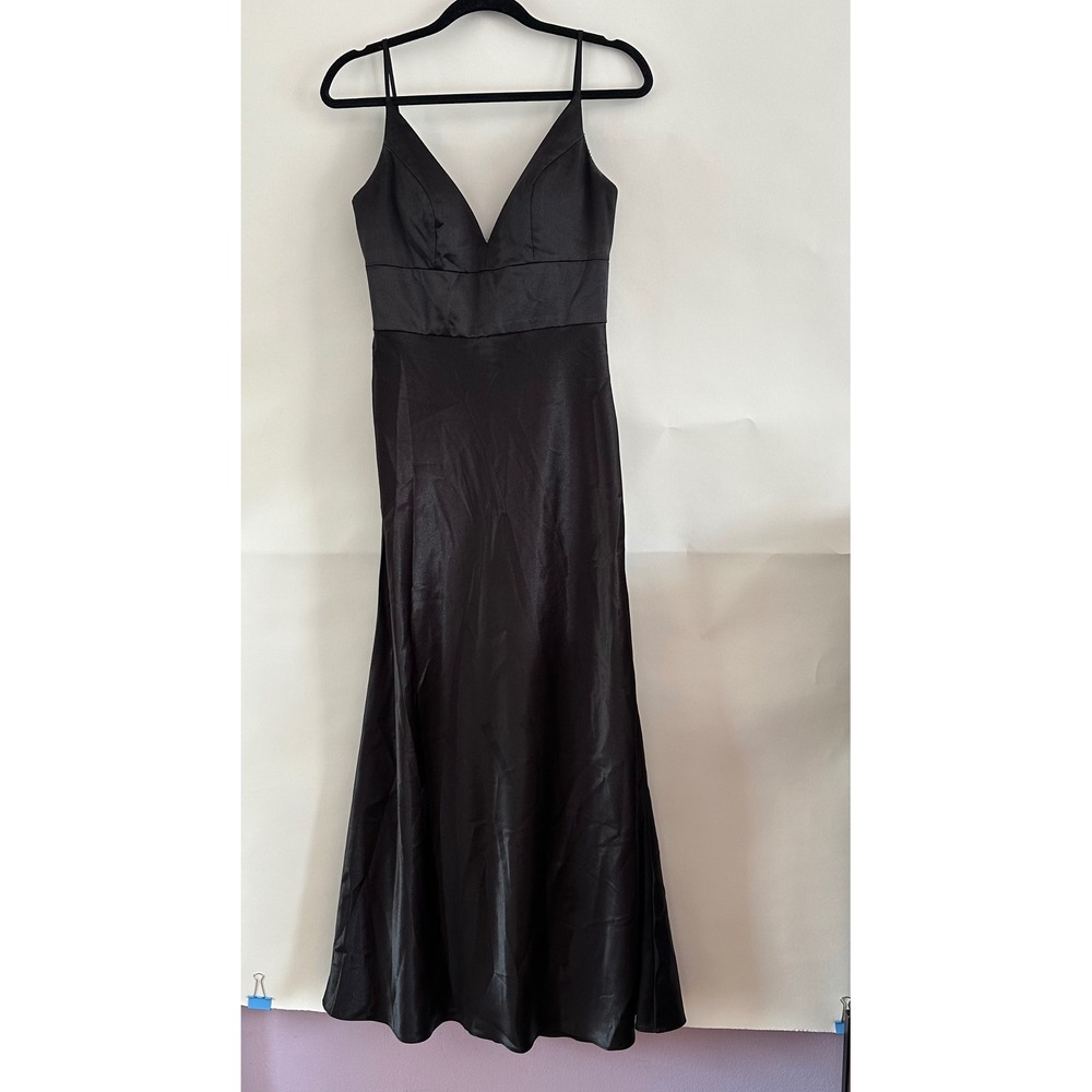 Jenny Yoo Black Satin V-Neck Spaghetti Strap Formal Maxi Dress Gown Size 4